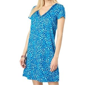 Lilly Pulitzer Etta V-Neck Dress Blue Leopard Animal Print Pom Pom V Neck L